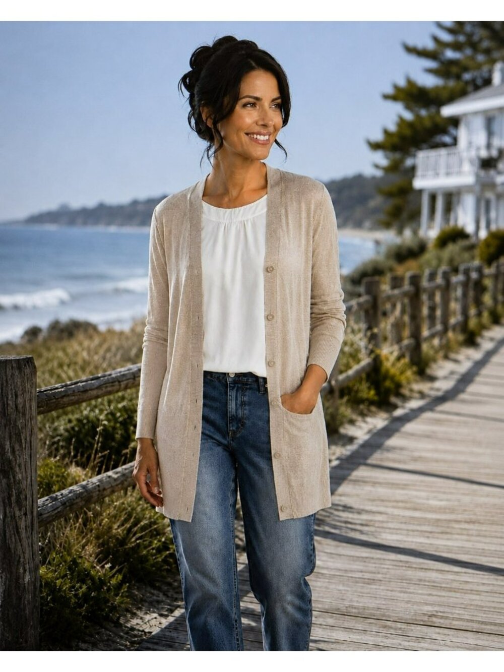 Eileen Fisher Linen-Blend Button-Up Lightweight Cardigan Sweater Womens Medium B